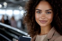 Young African American businesswoman with natural curly hair and warm smile holding smartphone, wearing beige blazer against blurred office background with bokeh lights.