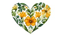 Floral heart shape with orange cosmos flowers and green leaves on white background, watercolor style botanical arrangement for wedding invitations and valentines.