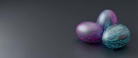Three glossy Easter eggs with iridescent marble texture in purple and teal colors on dark background for holiday design and seasonal decorations.