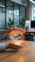 Businessman hands protecting glowing digital network sphere in modern office environment representing data security and global connectivity solutions.