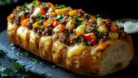 Stuffed bread loaf with ground meat, melted cheese, colorful bell peppers and herbs on dark slate board. Perfect for party appetizers and comfort food recipes.