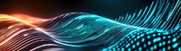 Abstract flowing waves of orange and turquoise light with glowing dots creating dynamic motion effect against dark background, modern futuristic design pattern.