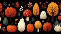 Autumn forest elements with pumpkins, mushrooms, and colorful trees on dark background, creating seasonal woodland pattern.