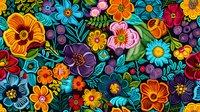 Vibrant floral pattern with colorful blooms in orange, purple, pink and turquoise. Dense arrangement of stylized flowers and leaves creates dynamic botanical design.