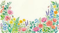 Watercolor floral border with colorful spring flowers, roses, lavender, and green leaves on a light background with copy space.