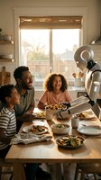 Humanoid robot serving breakfast to happy African American family in modern kitchen. Father and two children enjoying meal together with artificial intelligence assistant.