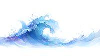 Artistic ocean wave in watercolor style with dynamic blue and purple hues, splashing water drops and flowing motion against white background.