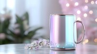 Iridescent holographic mug with glass handle on white table with soft pink bokeh lights and cherry blossom flowers in dreamy pastel atmosphere.
