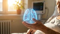 Mature adult male healthcare professional holding glowing blue lung hologram in medical clinic setting, representing respiratory health, pulmonology diagnosis, and digital medicine technology for hospital and healthcare marketing.