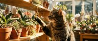 Curious tabby cat reaching paw toward potted plants on wooden shelf in sunny greenhouse, warm light, green botanical interior.