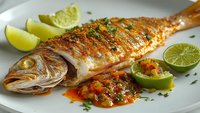 Grilled whole fish with herbs and lime garnish served on white plate with colorful salsa and fresh citrus wedges for gourmet seafood dining experience.
