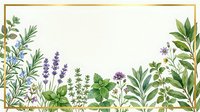 Watercolor herb garden border frame with lavender, rosemary, basil and mint plants on cream background for culinary design projects and natural branding.