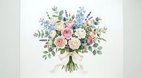 Watercolor wedding bouquet with pink roses, ranunculus, blue flowers, and eucalyptus, tied with a ribbon, on white background.