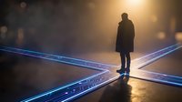 Silhouette of businessman standing at glowing crossroads with blue light paths, symbolizing career choices and decision-making in corporate environment.
