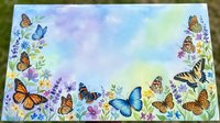 Colorful butterflies and wildflowers frame watercolor background with purple blue gradient. Spring garden border design for greeting cards, invitations.