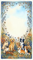 Watercolor decorative frame with cute dogs, paw prints, hearts and flowers, copy space for text, for greeting cards and pet posters.