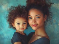 Mother and young child with curly hair embrace against turquoise backdrop. Mixed ethnicity woman and toddler boy pose together for family portrait, motherhood and bonding concept.