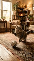 Tabby cat playing with toy ball in cozy living room with fireplace, bookshelves, warm lighting, and comfortable furniture for pet lifestyle and home decor.