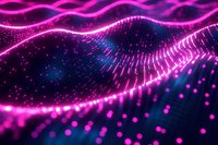 Abstract digital wave pattern with glowing pink particles and flowing lines against dark background, creating dynamic futuristic visualization effect.