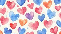 Watercolor hearts in pink, blue, and coral seamlessly repeat on white background, creating romantic pattern for Valentine's Day designs and love themes.