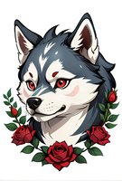 Gray wolf head portrait with red roses and green leaves on white isolated background, suitable for tattoo design, stickers and merchandise prints.