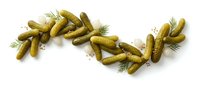 Pickled gherkins with fresh dill arranged on white background, isolated for food packaging, recipe blogs, culinary design and restaurant menus.