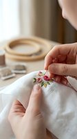 Woman hands embroidering delicate pink roses on white linen fabric with needle and thread in cozy home setting for handmade crafts and sewing projects.