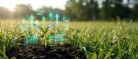 Young green plant sprout growing from soil with glowing financial hologram icons showing ROI growth, green fund and eco tech investment data in sunny field.