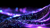 Glowing digital wave of particles with purple and blue bokeh lights on dark background creates futuristic technology visualization effect.