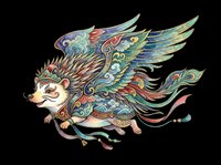 Ornate flying hedgehog with colorful wings and peacock feathers in Asian folk art style, isolated on transparent background, for stickers, t-shirt design, print on demand.