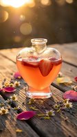 Heart-shaped glass bottle with amber liquid and strawberry on rustic wooden surface surrounded by flower petals in golden sunset light.
