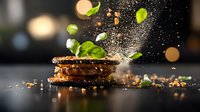 Juicy grilled beef burger patty with flying fresh basil leaves and spices on dark background with bokeh lights and steam, dynamic food photography.