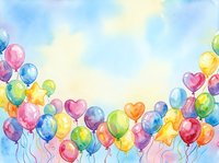 Colorful balloons and stars floating against soft watercolor sky with pastel clouds, ideal for celebrations, parties, and festive event designs.