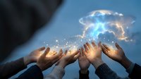 Business team hands reaching toward glowing cloud with digital network connections representing teamwork, collaboration and cloud computing technology solutions.