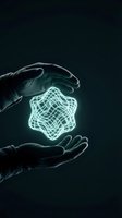 Hands holding glowing neon geometric wireframe shape against dark background, representing innovation, technology, and digital transformation for futuristic design projects.