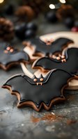 Halloween bat shaped cookies with black icing and orange decorative details on dark surface for spooky seasonal baking and party treats.