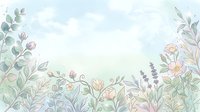 Soft pastel watercolor floral border with delicate flowers and green leaves on a light blue background, perfect for cards and invitations.