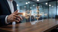 Business professional analyzing digital decision-making flowchart with glowing network connections on wooden desk in modern office environment.