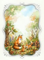 Watercolor fox family in an autumn forest glade, ornate frame with copy space, soft nature scene for nursery prints, cards, and decor.