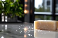 Natural handmade soap bar with water droplets on modern bathroom counter near window with soft lighting for skincare and wellness routines.