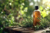 Natural amber glass bottle with fresh rosemary herbs on rustic wooden surface in sunlit garden setting for aromatherapy and wellness products.