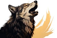 Fierce wolf head howling against orange brush stroke background, detailed fur texture and dramatic expression for wildlife art and graphic design projects.