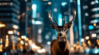 Majestic buck deer against urban night cityscape with bokeh lights and blurred background. Wildlife meets modern city concept creates surreal atmosphere.