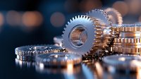 Metal gears and cogwheels on reflective surface with soft bokeh background, mechanical engineering concept showing industrial machinery parts.