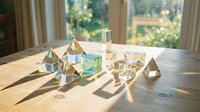Glass geometric shapes on a wooden table in sunlight, casting rainbow reflections. Crystal prisms, pyramids, and cube in a bright, airy room.
