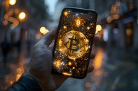 Glowing bitcoin symbol on smartphone screen with magical sparkles and bokeh lights background, perfect for cryptocurrency and digital finance concepts.
