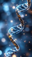 Glowing DNA double helix structure with sparkling particles and bokeh lights on blue background for genetic research and biotechnology concepts.