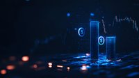 Glowing dollar symbols and financial charts in blue neon light against dark background with bokeh effects create futuristic trading visualization.