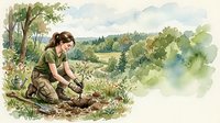 Young male botanist in field gear collecting plant specimens in natural countryside landscape with rolling hills and trees for scientific research study.