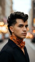 Young Hispanic man with stylish curly hair wearing orange patterned scarf and black shirt in urban city street setting with bokeh lights background.